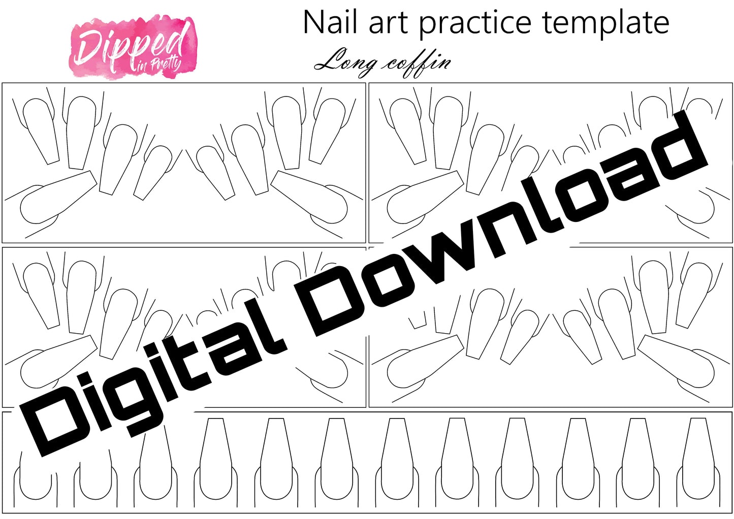 Nail Art Template (Long Coffin) Instant Printable Download